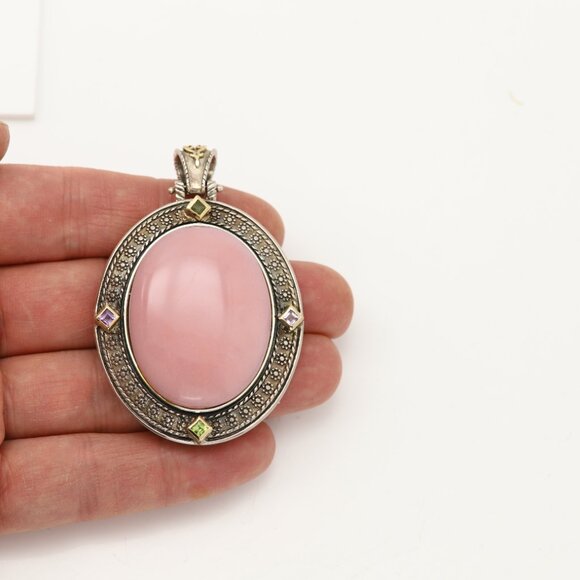 Large Vintage Natural Pink Opal Pendant Sterling Silver 925 and 18k - Picture 3 of 11